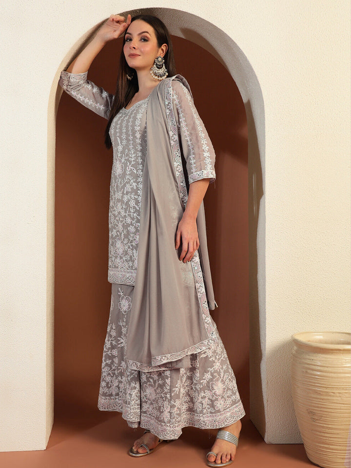 Resham & Sequin Embroidered Kurta Set with Kalidar Pallazo & Crystal Embellishments