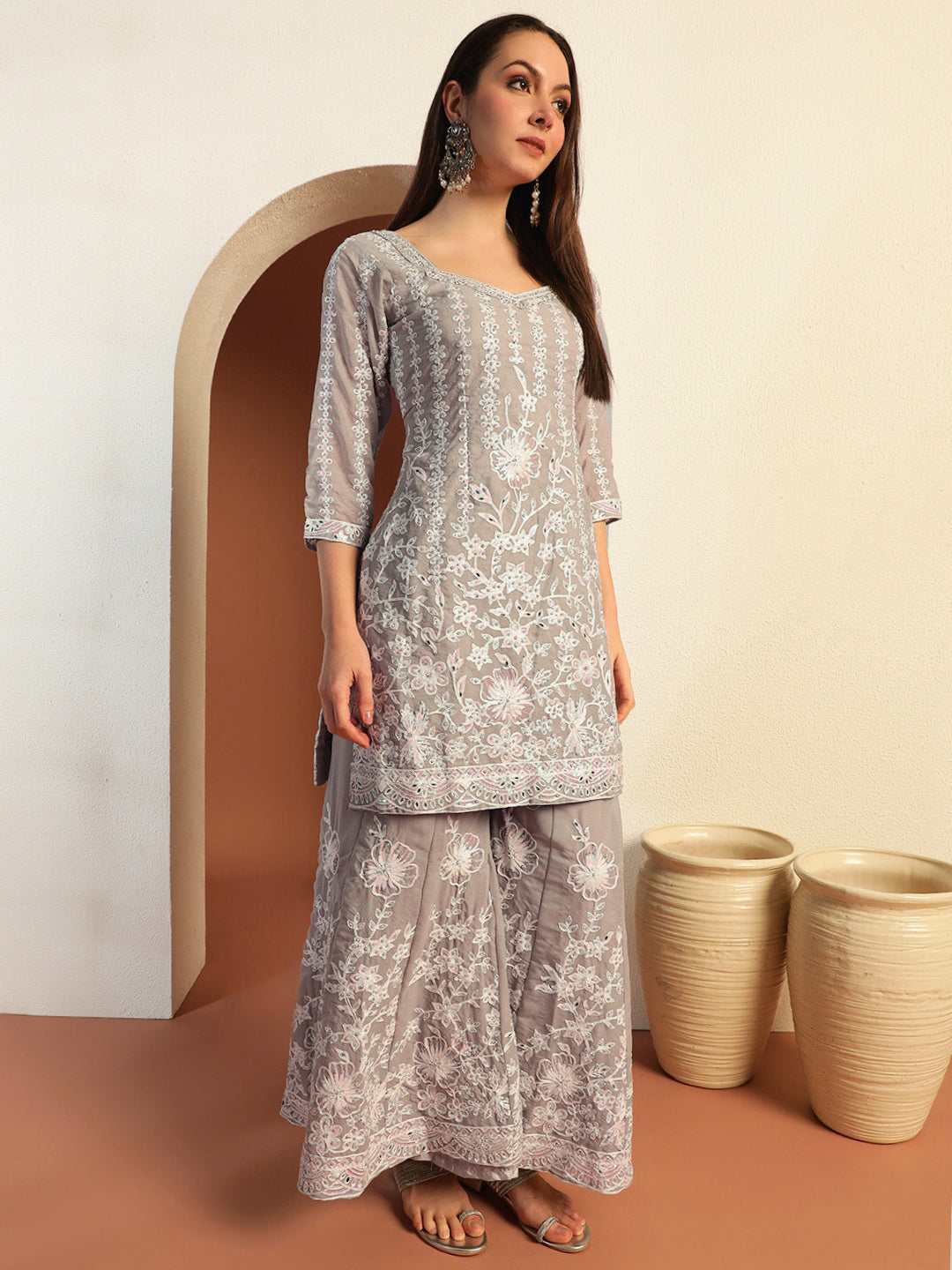 Resham & Sequin Embroidered Kurta Set with Kalidar Pallazo & Crystal Embellishments