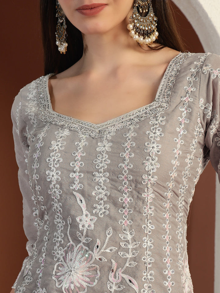 Resham & Sequin Embroidered Kurta Set with Kalidar Pallazo & Crystal Embellishments