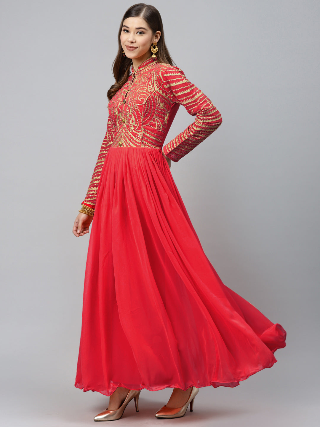 Made to Measure Red Flared Embellished Gown with Gold Thread Embroidery on Yoke