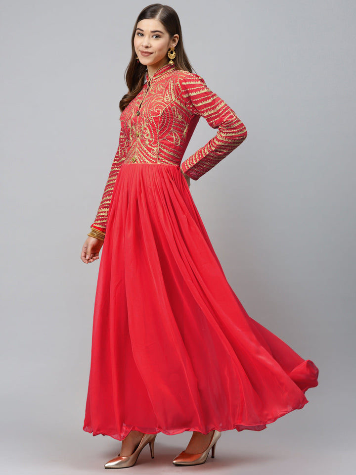 Made to Measure Red Flared Embellished Gown with Gold Thread Embroidery on Yoke