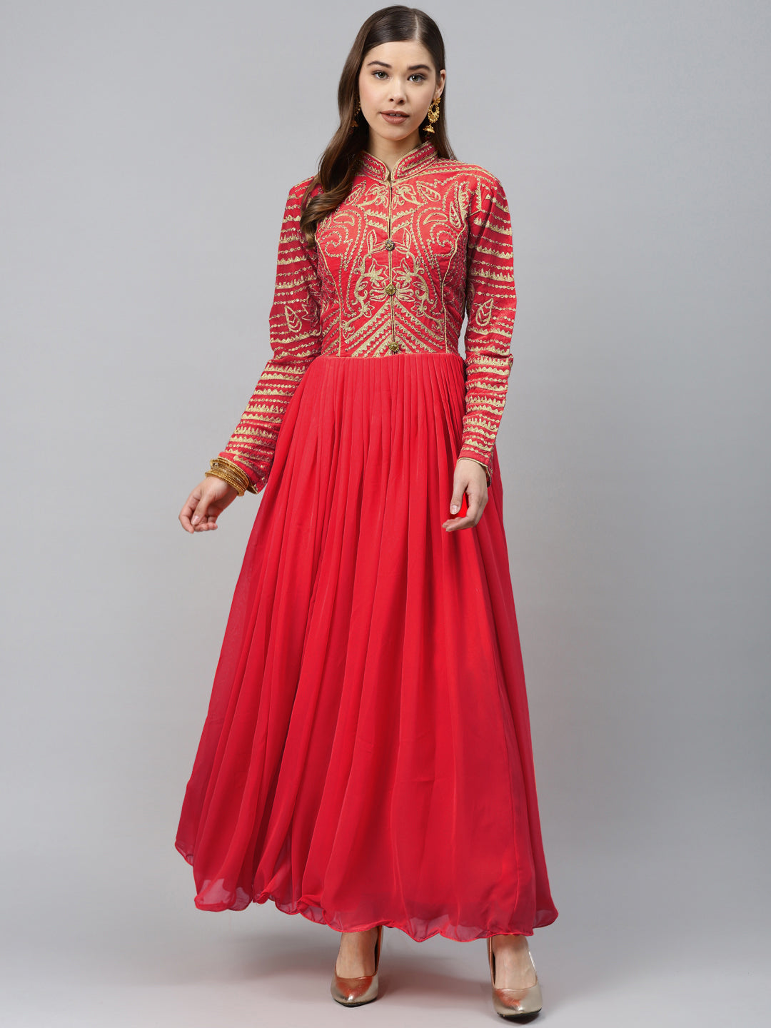 Made to Measure Red Flared Embellished Gown with Gold Thread Embroidery on Yoke