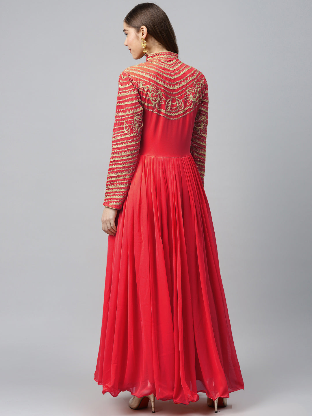 Made to Measure Red Flared Embellished Gown with Gold Thread Embroidery on Yoke