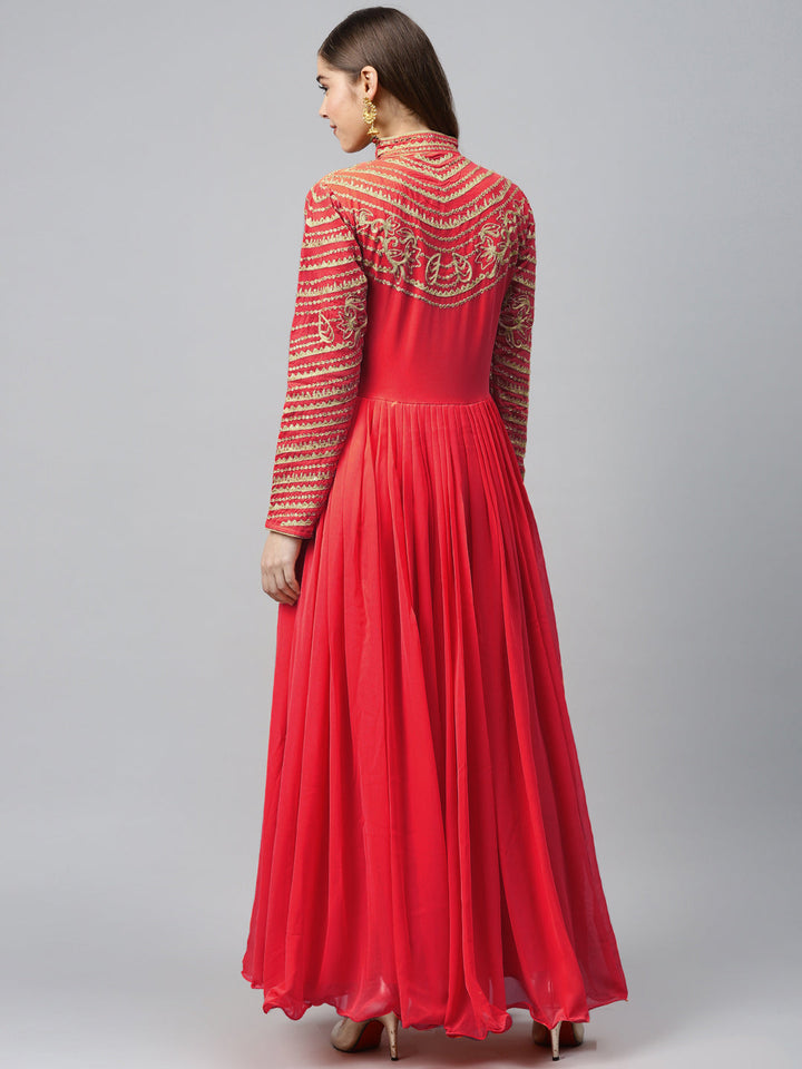 Made to Measure Red Flared Embellished Gown with Gold Thread Embroidery on Yoke