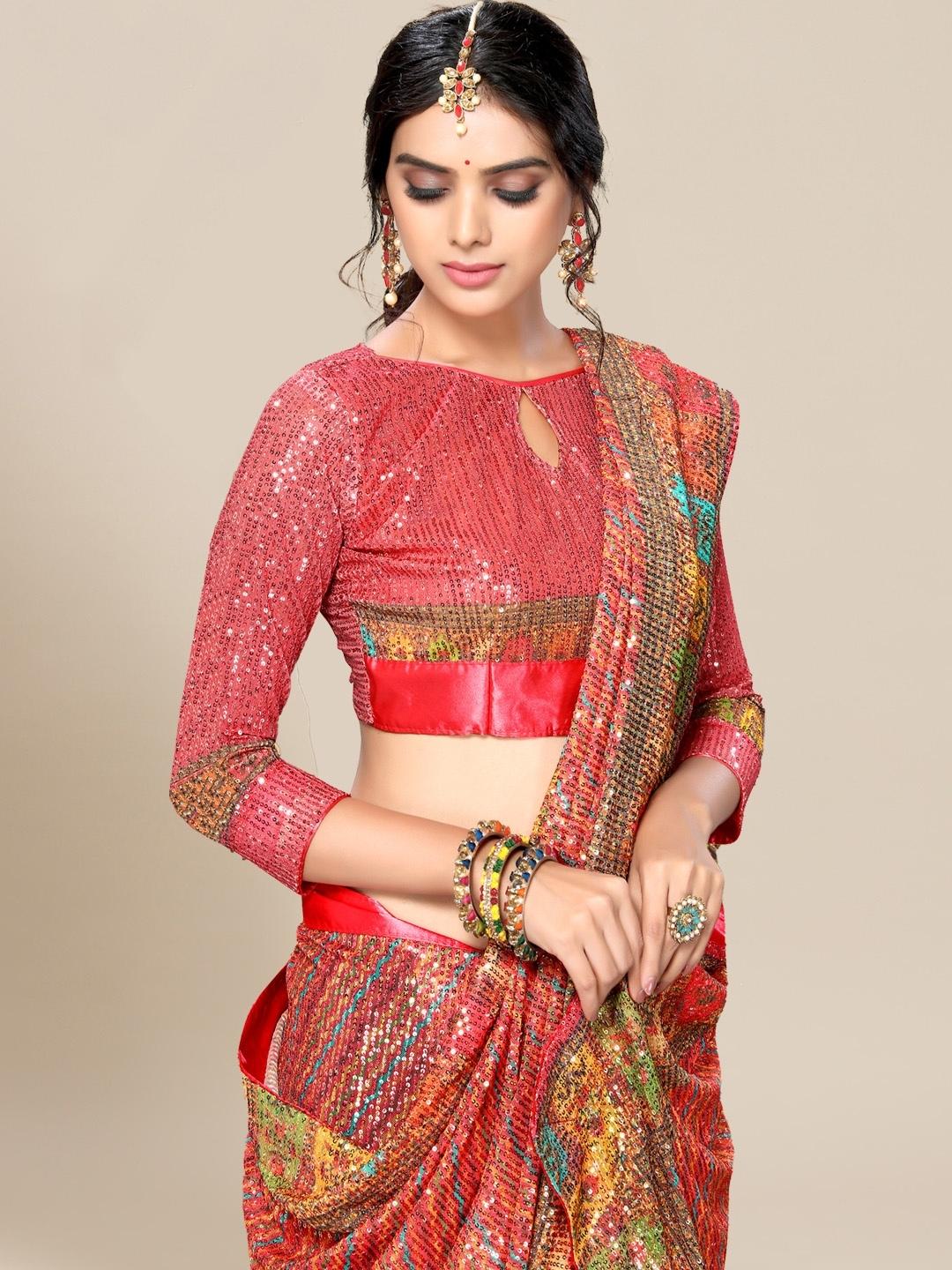 Coral Leheriya Digital Print Georgette Saree With Sequence Embroidery