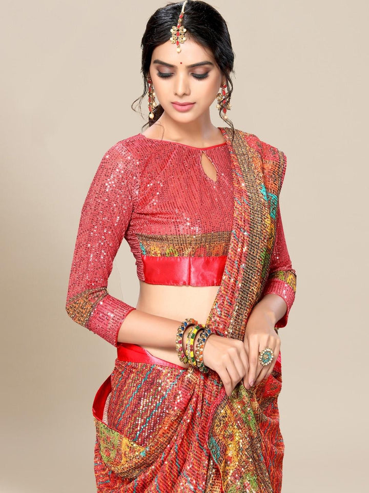 Coral Leheriya Digital Print Georgette Saree With Sequence Embroidery