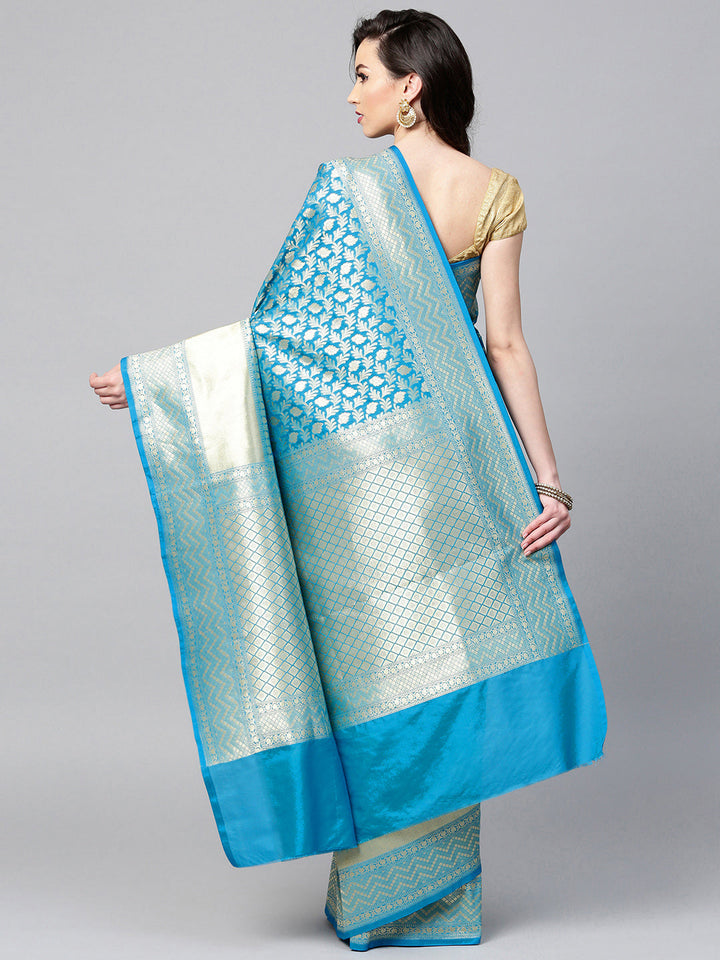 Banarasi Handloom Silk Saree with Zari Leaves and Geometric Border