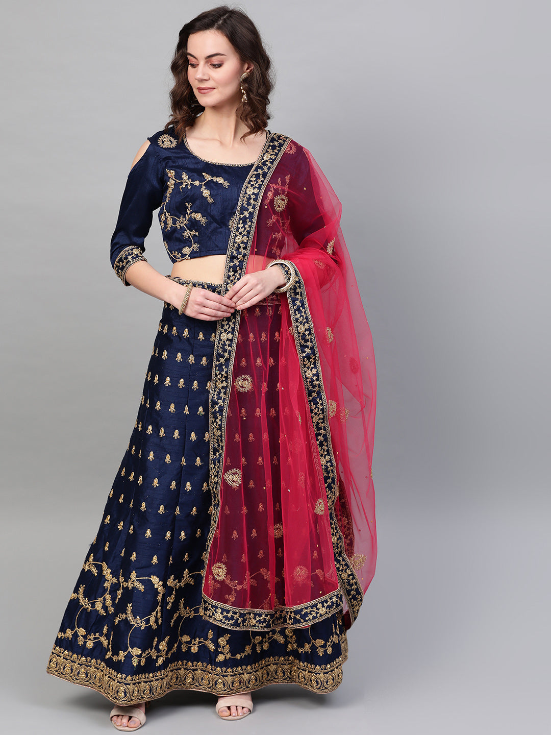 Zari and Aari Embroidered Semi-stitched Silk Lehenga