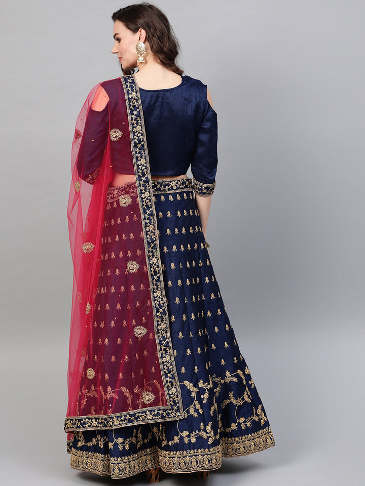 Zari and Aari Embroidered Semi-stitched Silk Lehenga