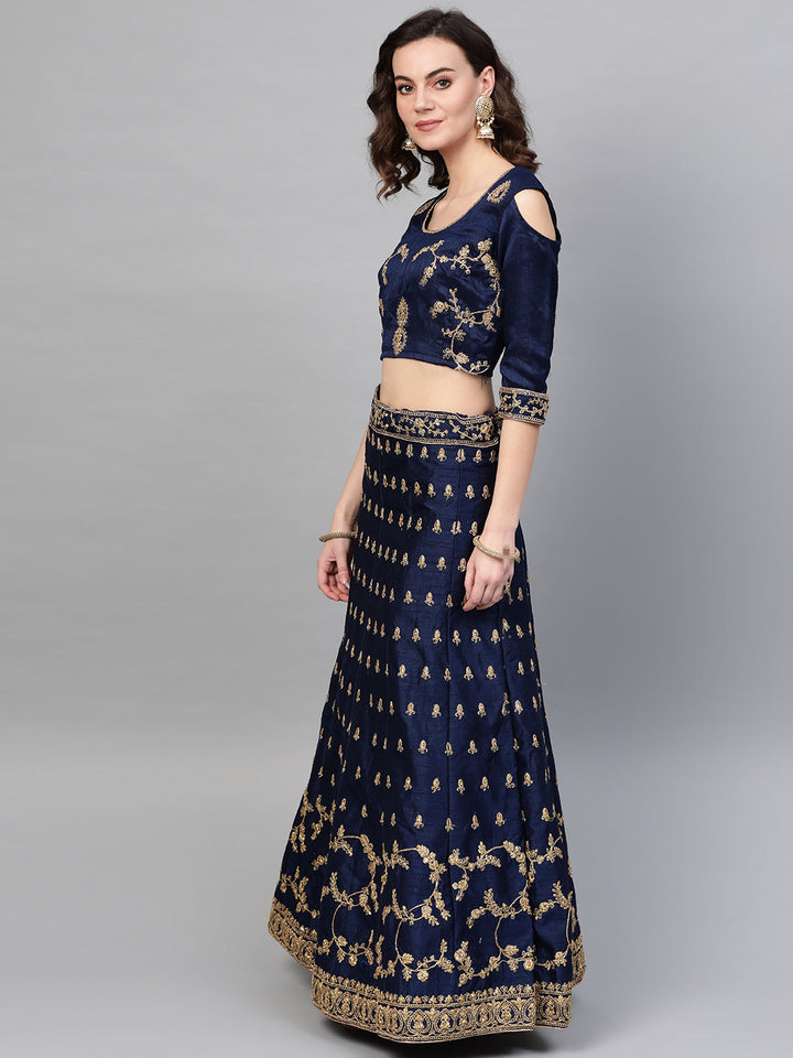 Zari and Aari Embroidered Semi-stitched Silk Lehenga