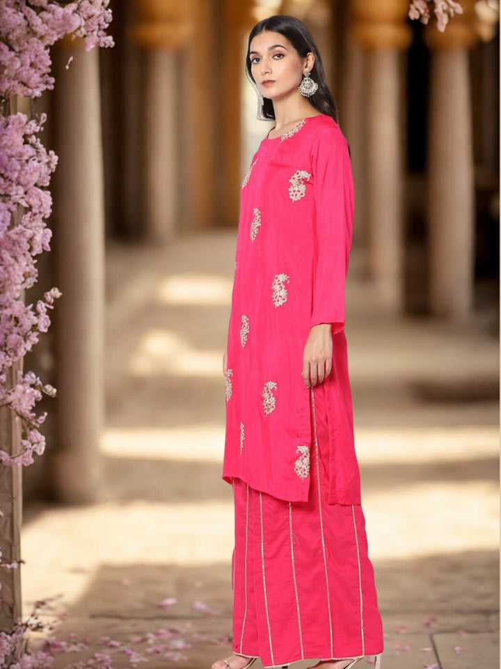 Zari Embroidered Kurta With Gota-Patti Striped Pallazo and Dupatta & Paisley Motifs