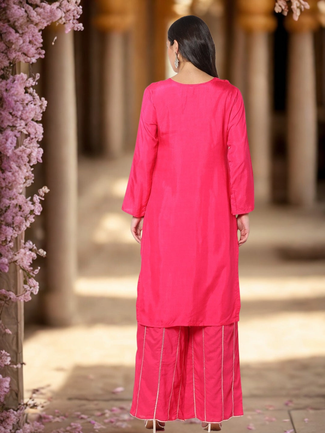Zari Embroidered Kurta With Gota-Patti Striped Pallazo and Dupatta & Paisley Motifs