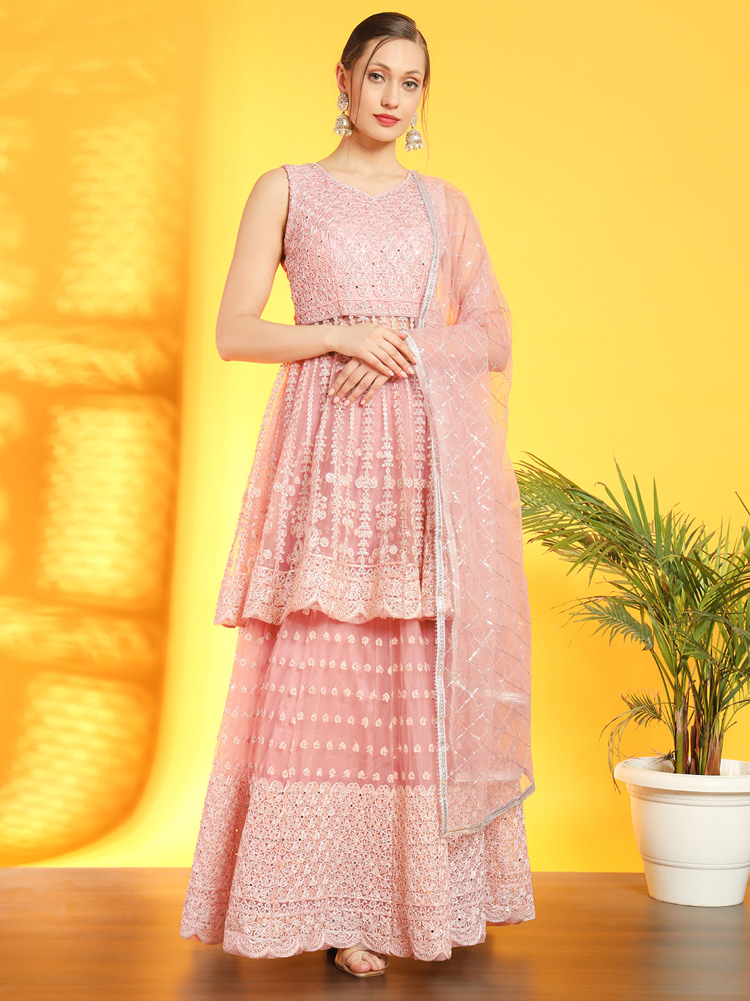 Mirror & Aari Embroidered Gharara Set with Peplum Scalloped Choli & Sequinned Dupatta