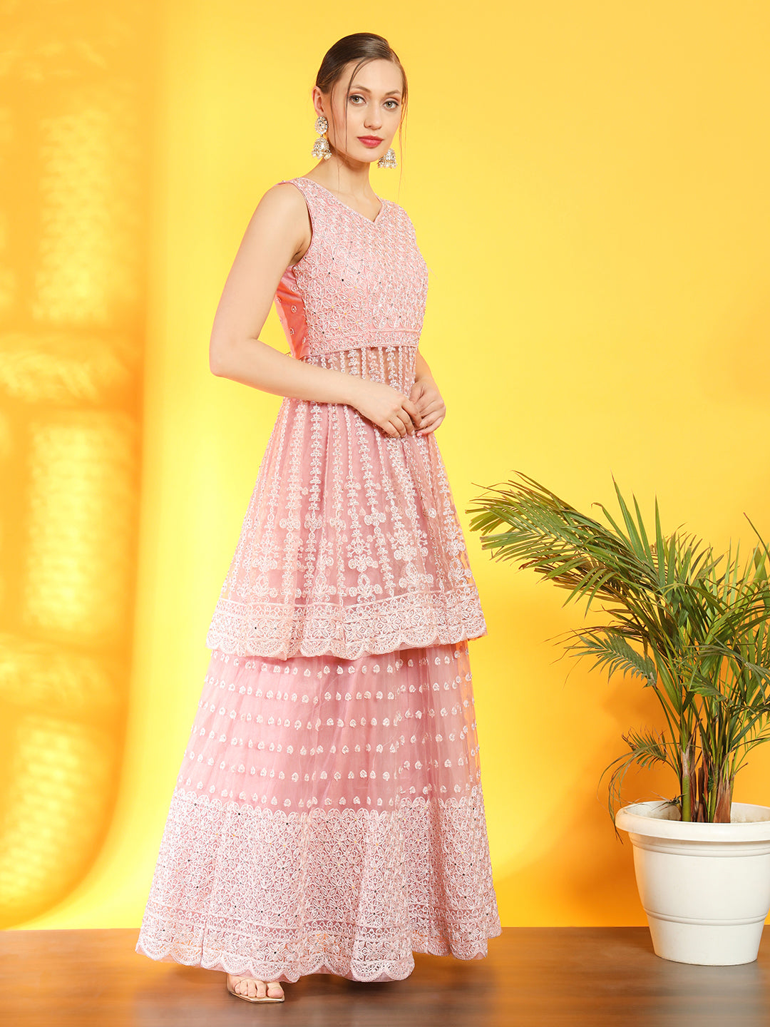 Mirror & Aari Embroidered Gharara Set with Peplum Scalloped Choli & Sequinned Dupatta