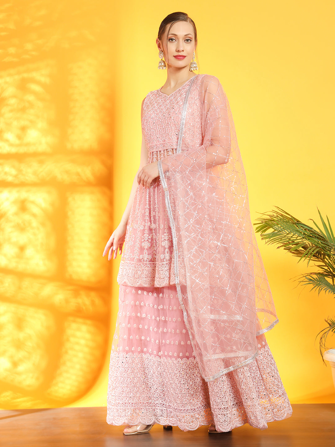 Mirror & Aari Embroidered Gharara Set with Peplum Scalloped Choli & Sequinned Dupatta