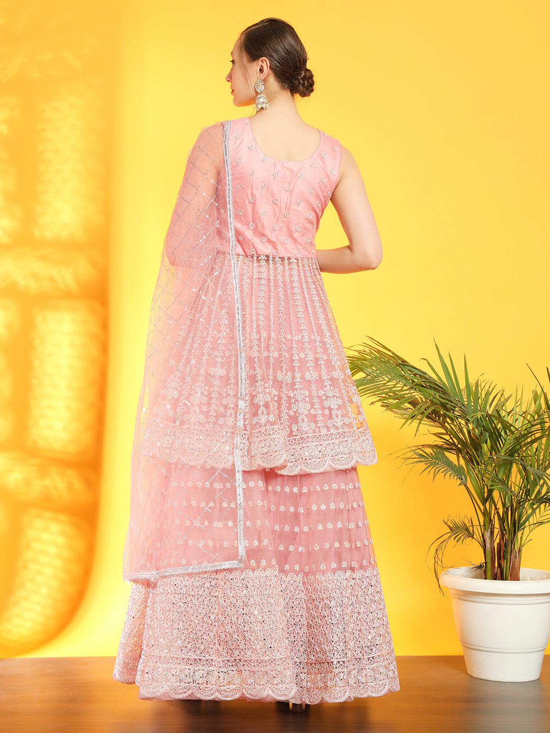 Mirror & Aari Embroidered Gharara Set with Peplum Scalloped Choli & Sequinned Dupatta