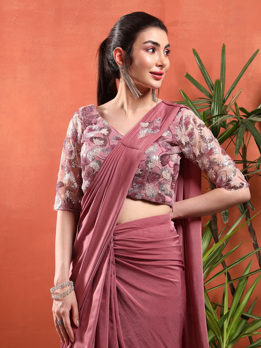 Pre-Stitched Draped Saree with Sequin Cut-Dana Embroidery Blouse & Embellished Belt
