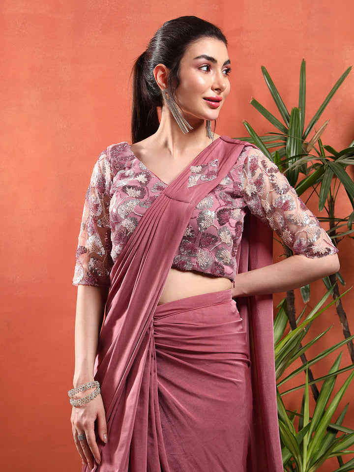 Pre-Stitched Draped Saree with Sequin Cut-Dana Embroidery Blouse & Embellished Belt