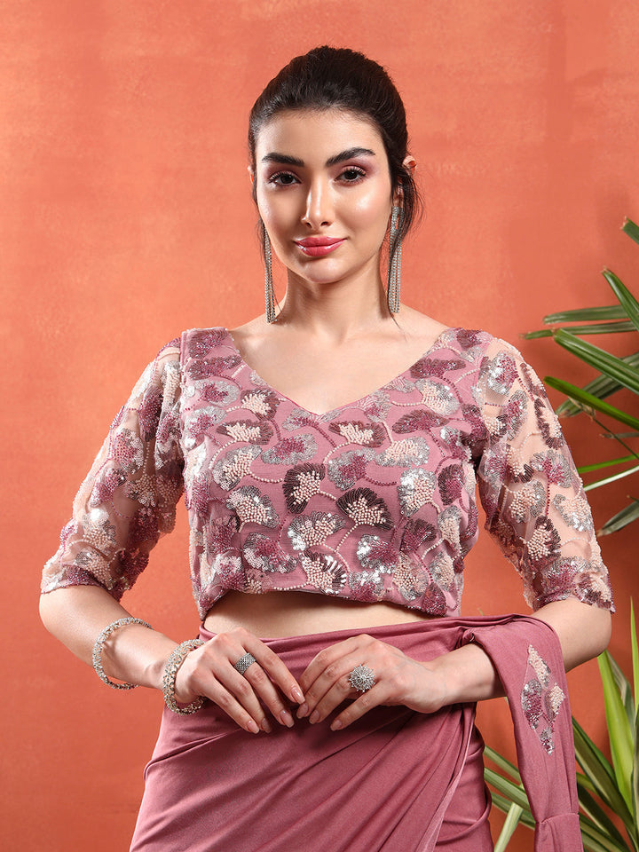 Pre-Stitched Draped Saree with Sequin Cut-Dana Embroidery Blouse & Embellished Belt