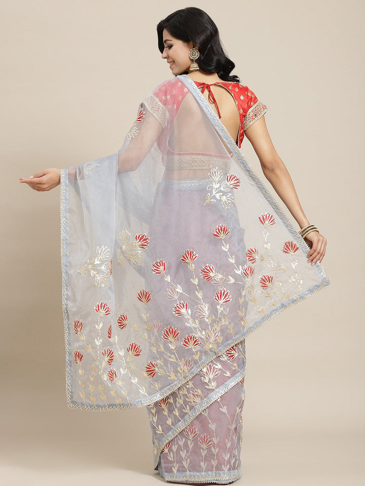 Grey Organza Jaipuri Saree with Resham Embroidery & Contrast Blouse