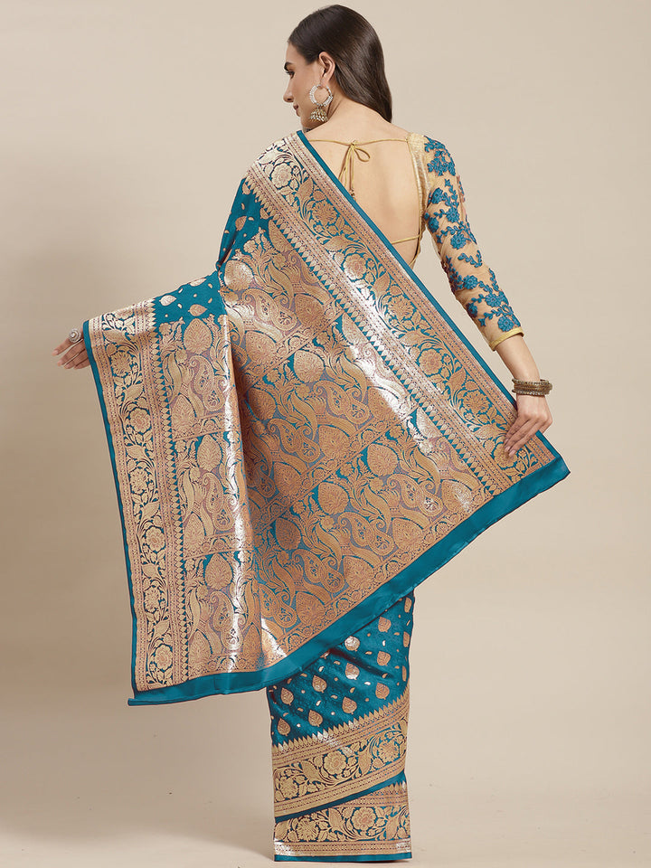 Teal Blue Kanjeevaram Silk Saree with Resham Meenakari ethnic motifs