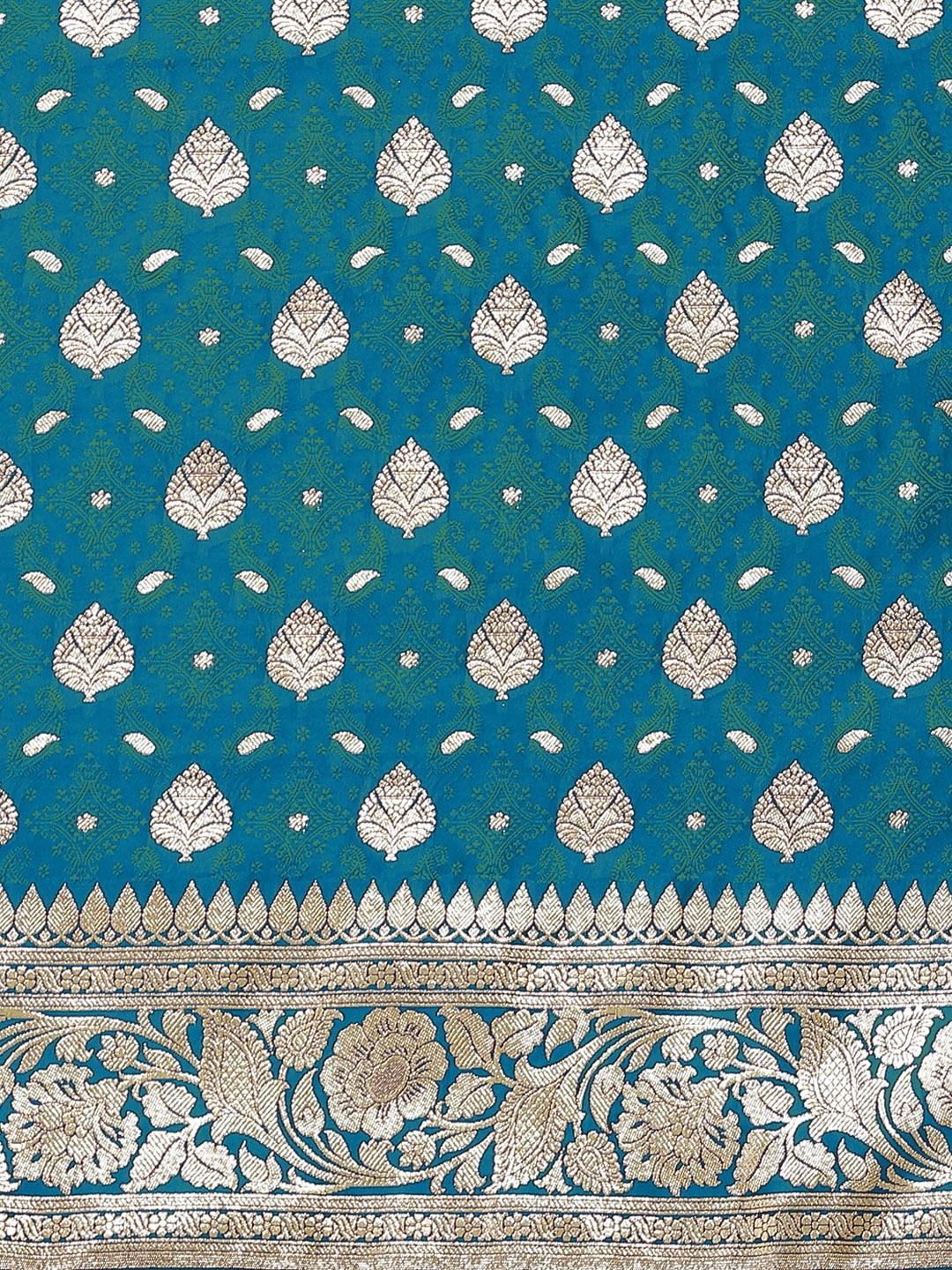 Teal Blue Kanjeevaram Silk Saree with Resham Meenakari ethnic motifs