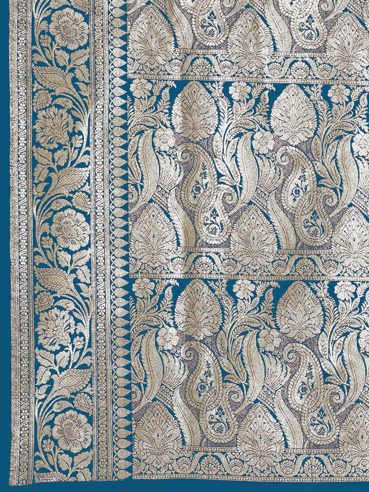 Teal Blue Kanjeevaram Silk Saree with Resham Meenakari ethnic motifs