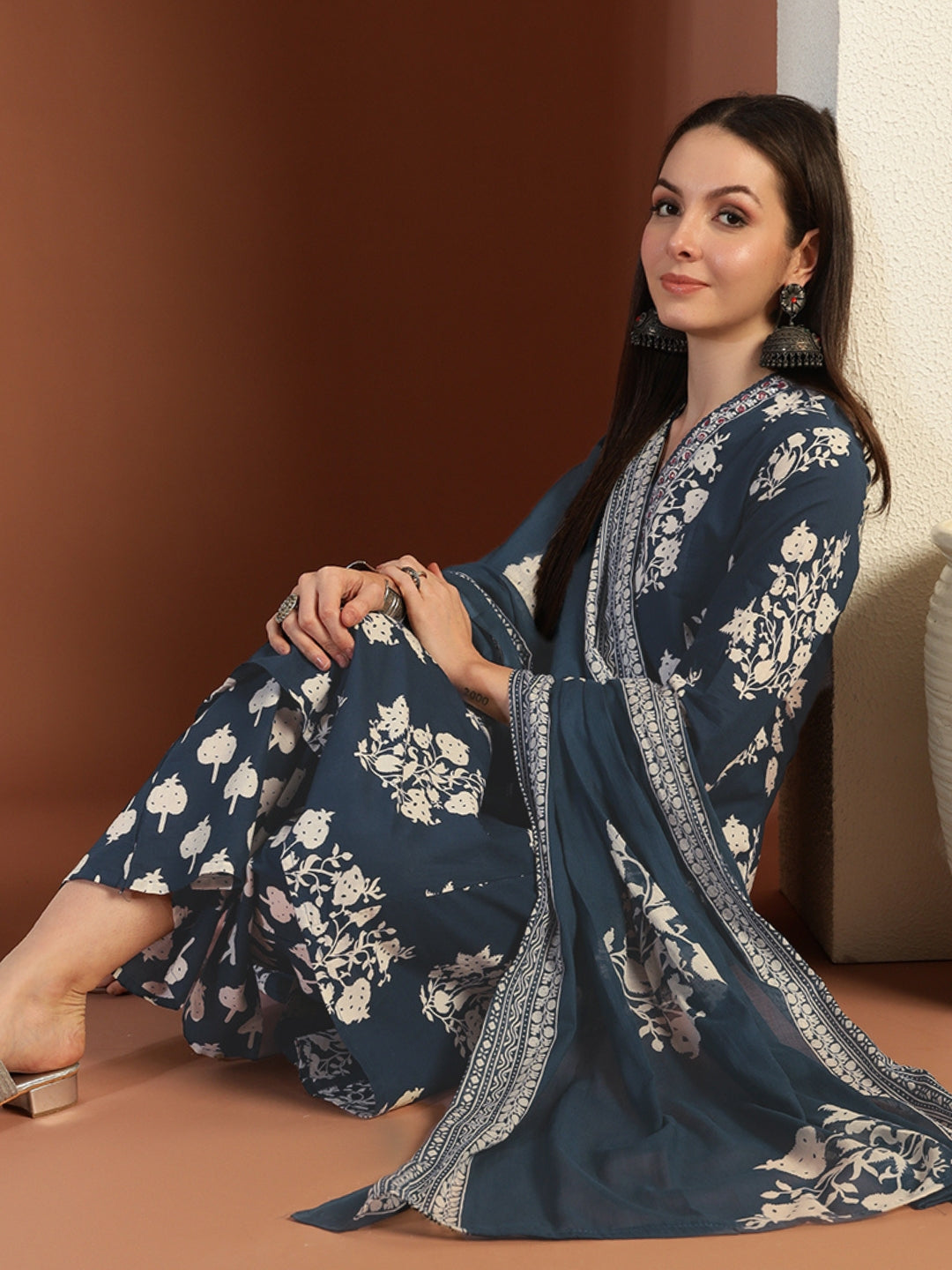 Chhabra 555 Mirror Embellished Cotton Suit Dupatta with Schiffli Laces & Reverse Tropical Print