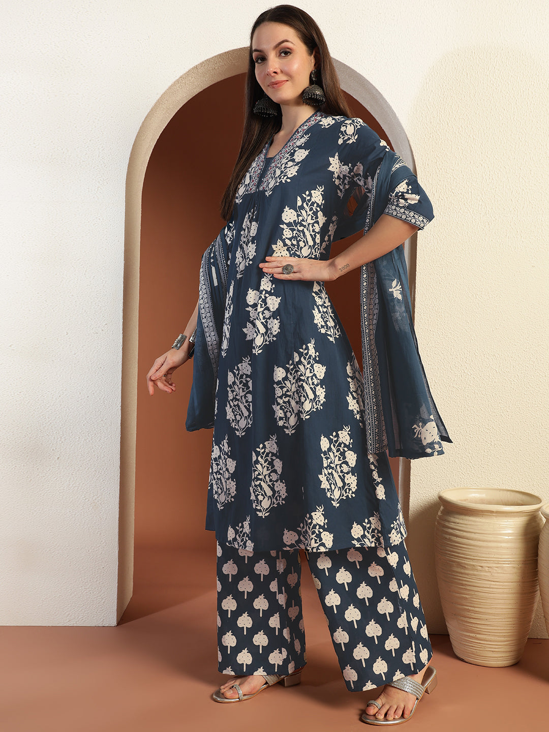 Mirror Embellished Cotton Suit Dupatta with Schiffli Laces & Reverse Tropical Print