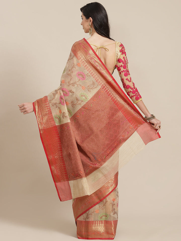 Silk Floral Meenakari Motifs Royal Saree With Contrast Pallu Blouse