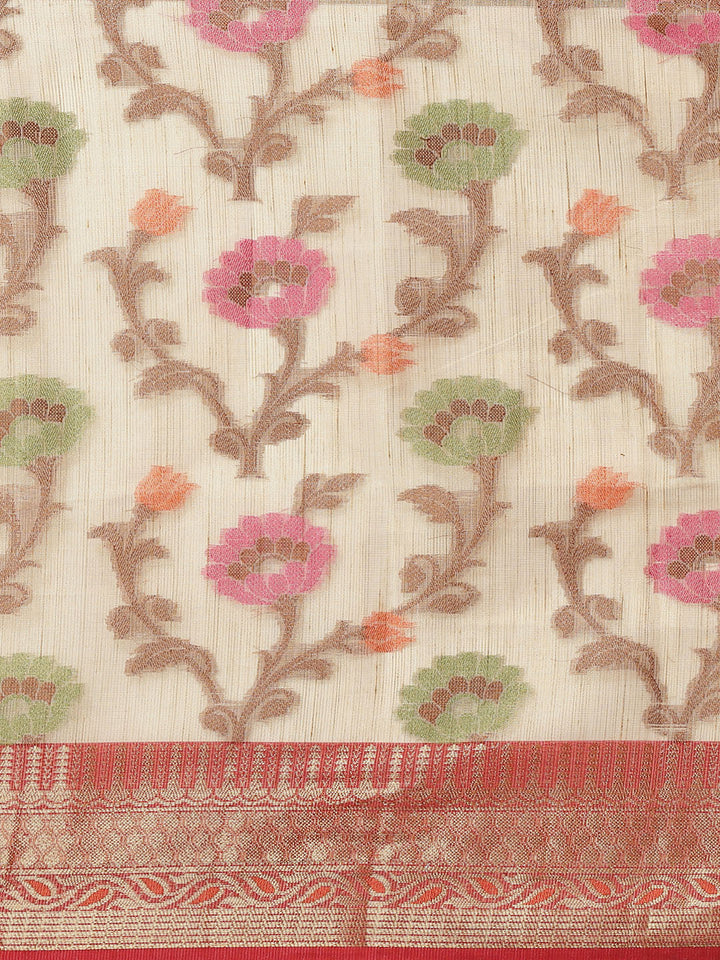 Silk Floral Meenakari Motifs Royal Saree With Contrast Pallu Blouse