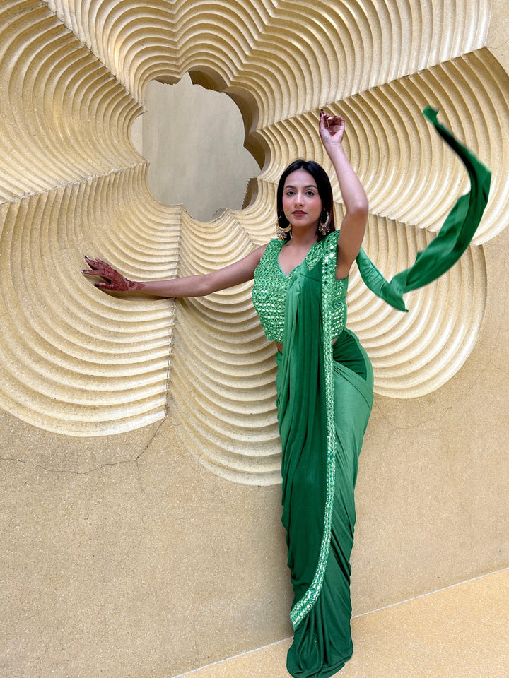 Green Ombre Saree With Mirror & Crystal Embellished Blouse