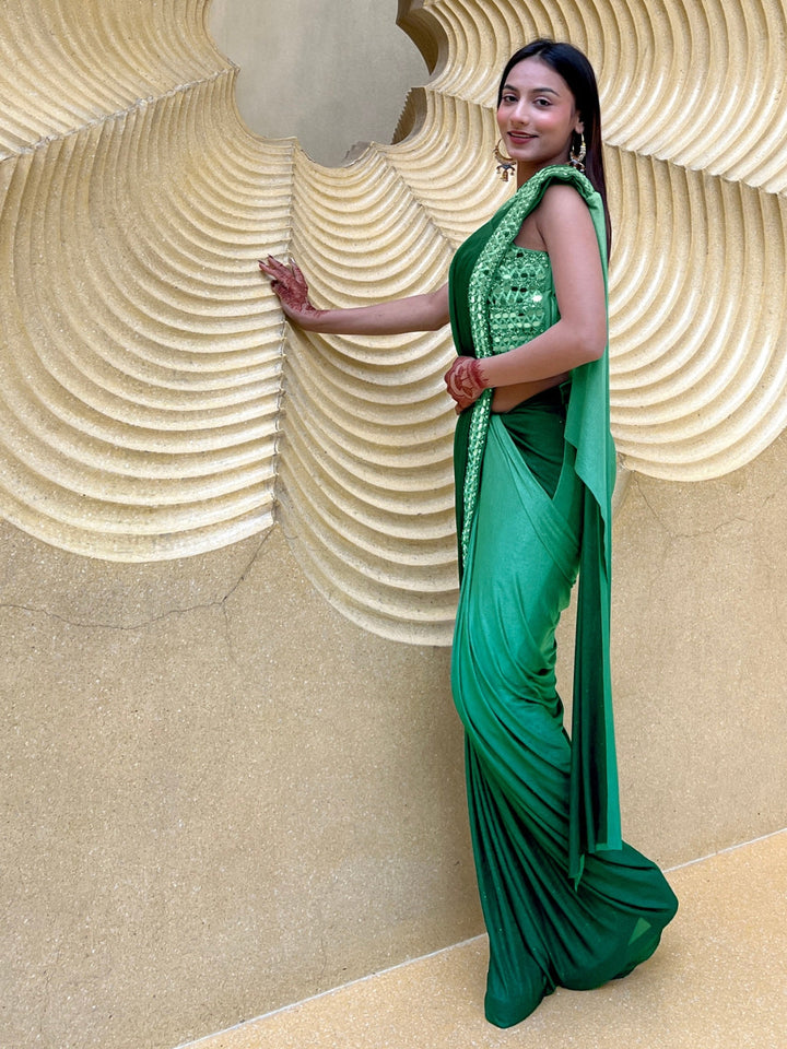 Green Ombre Saree With Mirror & Crystal Embellished Blouse