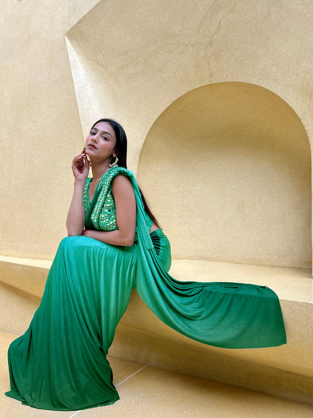 Green Ombre Saree With Mirror & Crystal Embellished Blouse