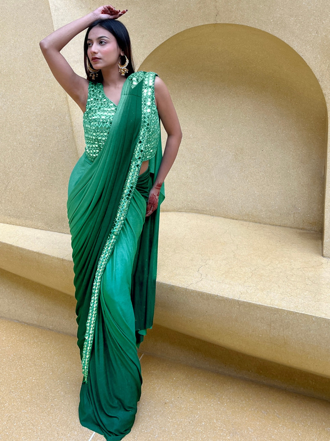 Green Ombre Saree With Mirror & Crystal Embellished Blouse