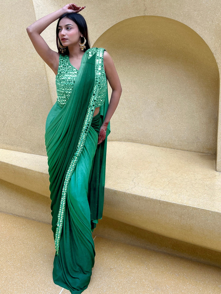 Green Ombre Saree With Mirror & Crystal Embellished Blouse