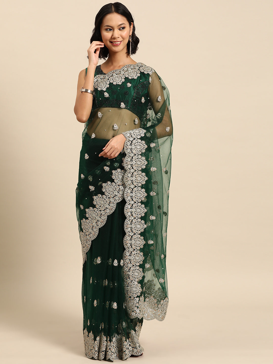 Bottle Green Bright Metallic Zari Saree with Cut-Work Border