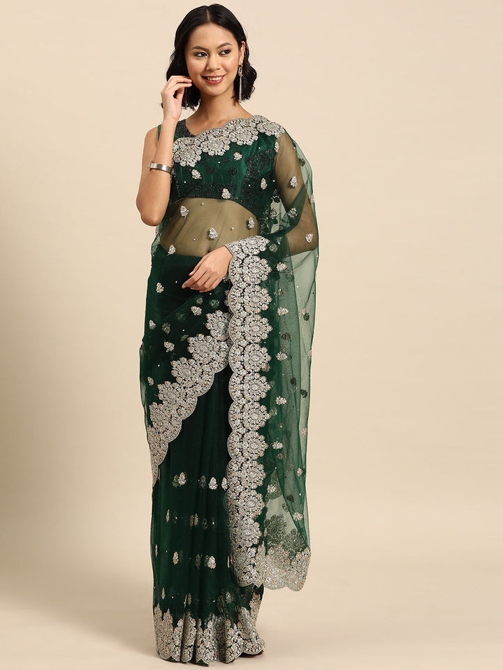 Bottle Green Bright Metallic Zari Saree with Cut-Work Border