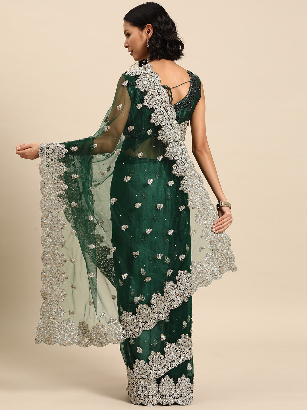 Bottle Green Bright Metallic Zari Saree with Cut-Work Border