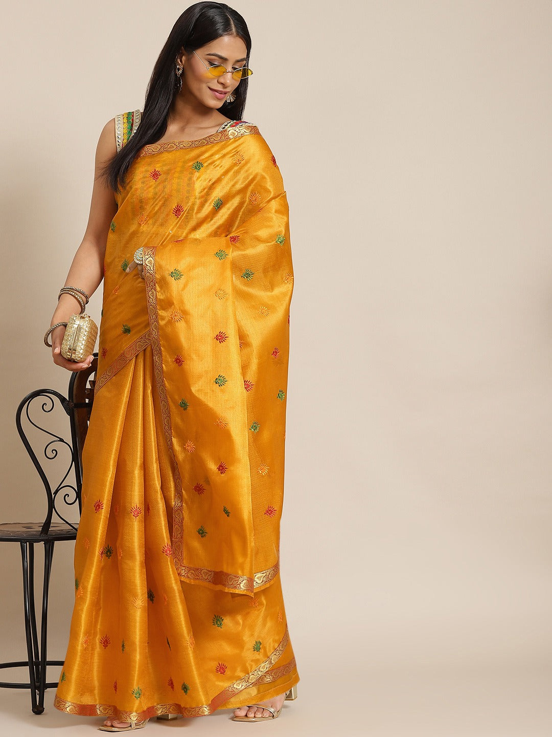 Mustard Banarasi Silk  Saree with Resham Embroidery  & Brocade Border