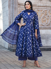 Indigo Hand Block Print Anarkali Kurta Pallazo Set with Floral Chevron Patterns