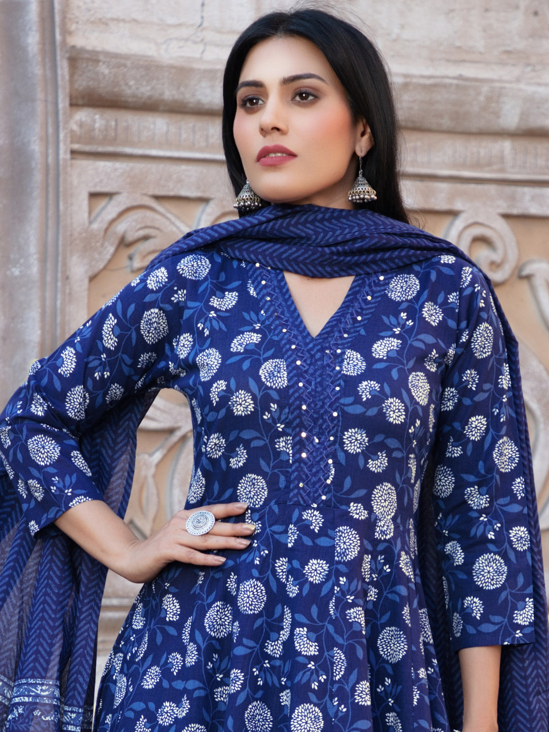 Indigo Hand Block Print Anarkali Kurta Pallazo Set with Floral Chevron Patterns