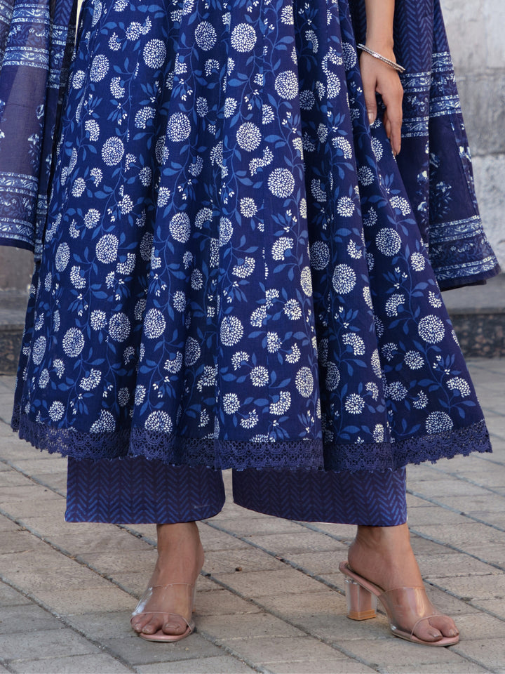 Indigo Hand Block Print Anarkali Kurta Pallazo Set with Floral Chevron Patterns