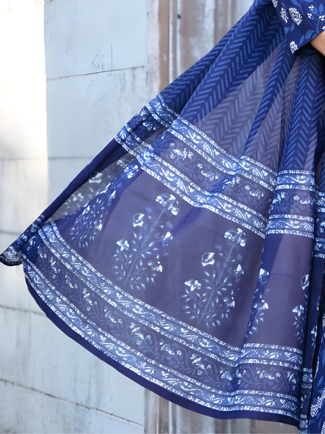 Indigo Hand Block Print Anarkali Kurta Pallazo Set with Floral Chevron Patterns
