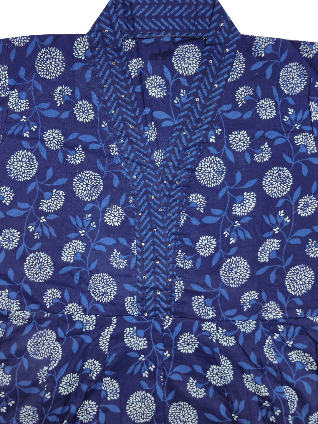Indigo Hand Block Print Anarkali Kurta Pallazo Set with Floral Chevron Patterns