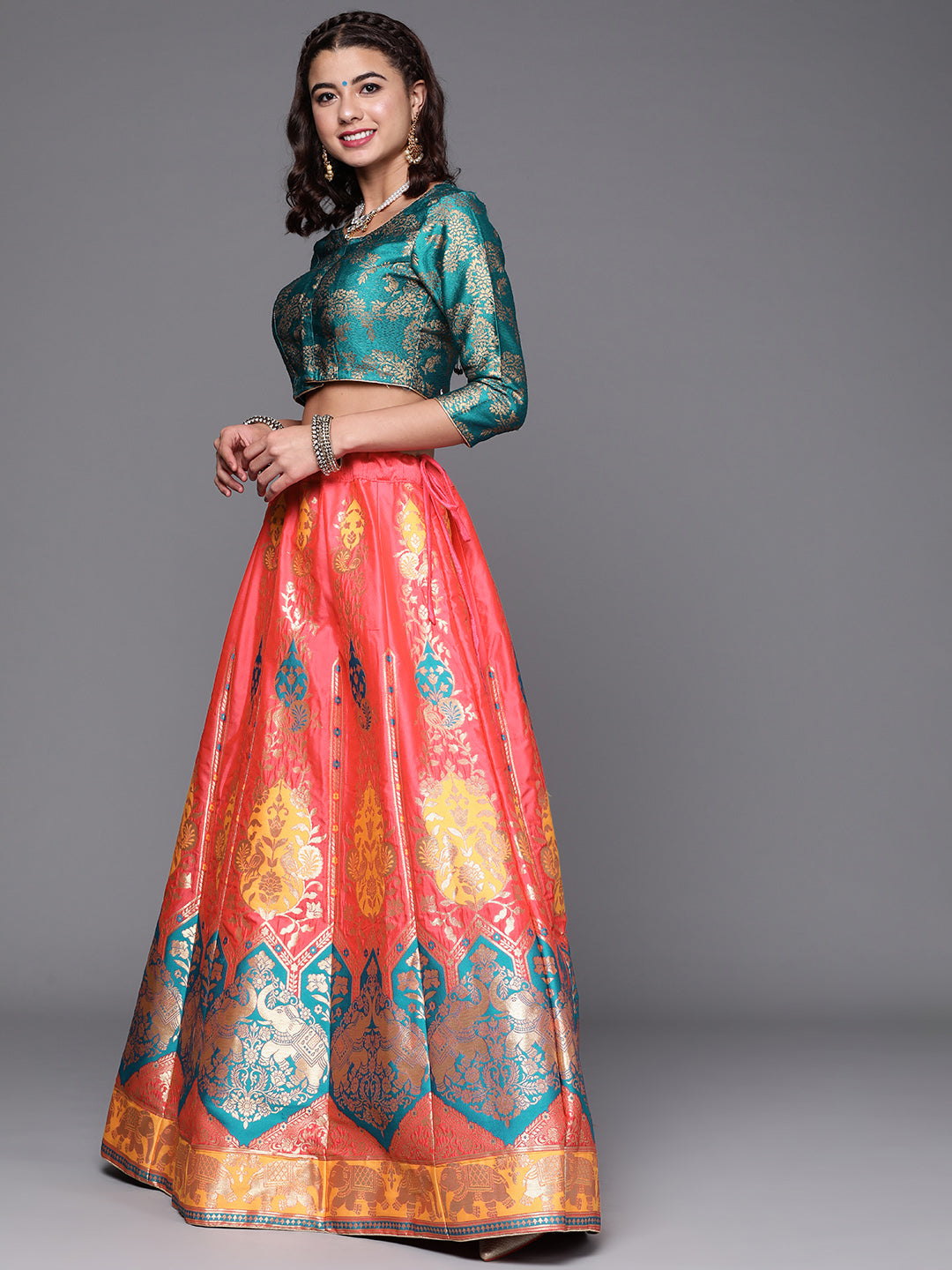 Pink Semi Stitched Banarasi Brocade Silk Lehenga Choli with Zari & Resham Elephant Motifs