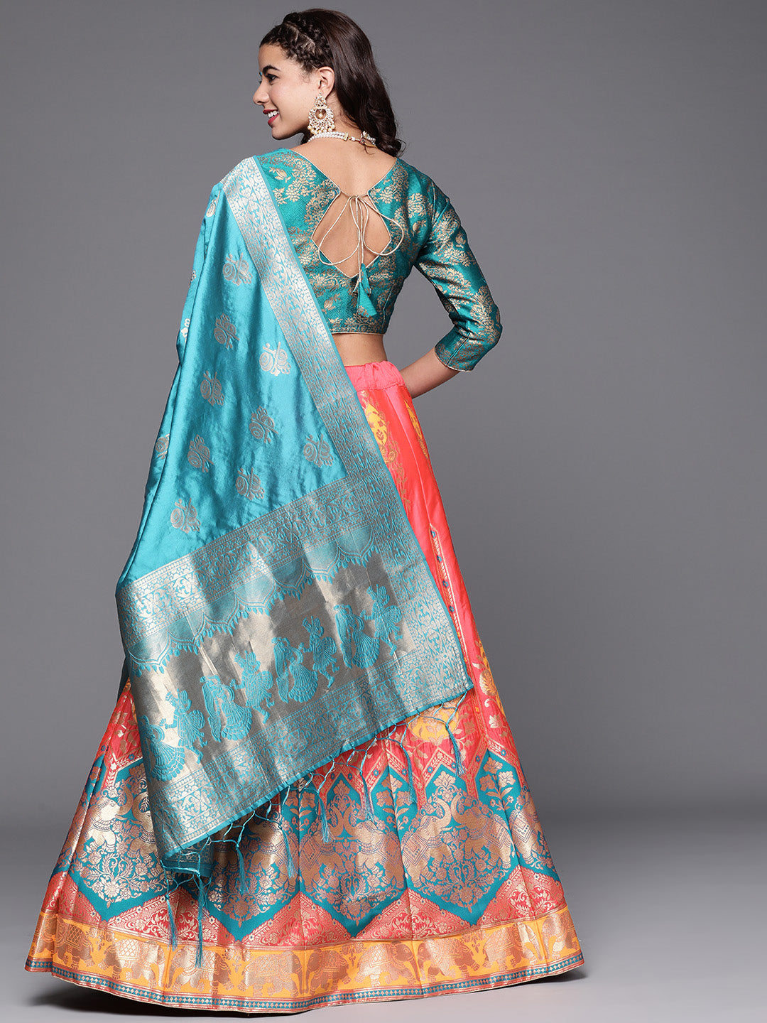 Pink Semi Stitched Banarasi Brocade Silk Lehenga Choli with Zari & Resham Elephant Motifs