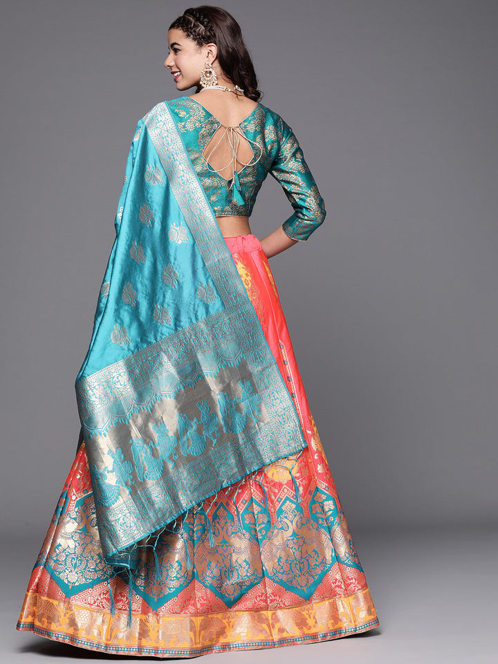 Pink Semi Stitched Banarasi Brocade Silk Lehenga Choli with Zari & Resham Elephant Motifs