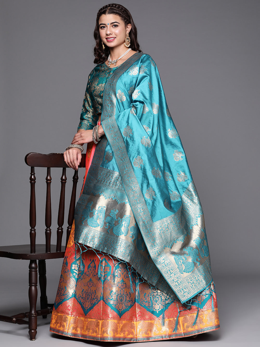 Pink Semi Stitched Banarasi Brocade Silk Lehenga Choli with Zari & Resham Elephant Motifs