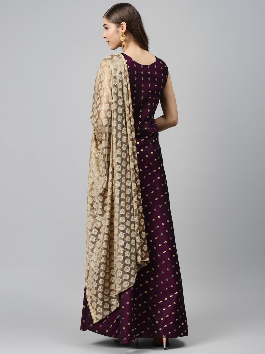 Made to Measure WIne Woven Embroidered Anarkali Set with Contrast Banarasi Dupatta
